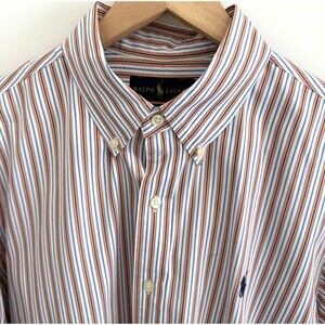 Ralph Lauren Polo Mens L Custom Fit Dress Shirt Orange Blue Pony Vertical Stripe